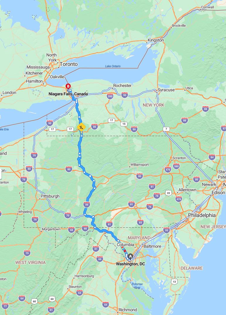 driving from Washington, District of Columbia to Niagara FallsOntario - map and route