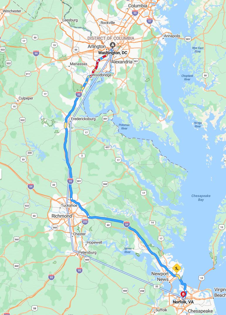 driving from Washington, District of Columbia to NorfolkVirginia - map and route