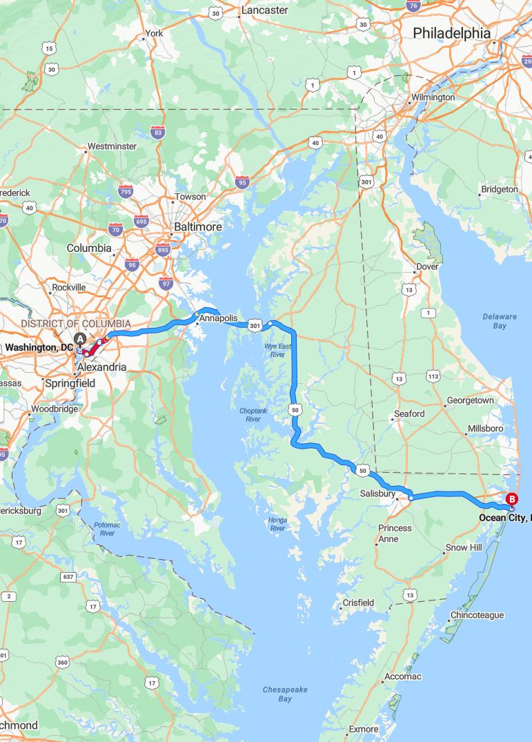 driving from Washington, District of Columbia to Ocean CityMaryland - map and route