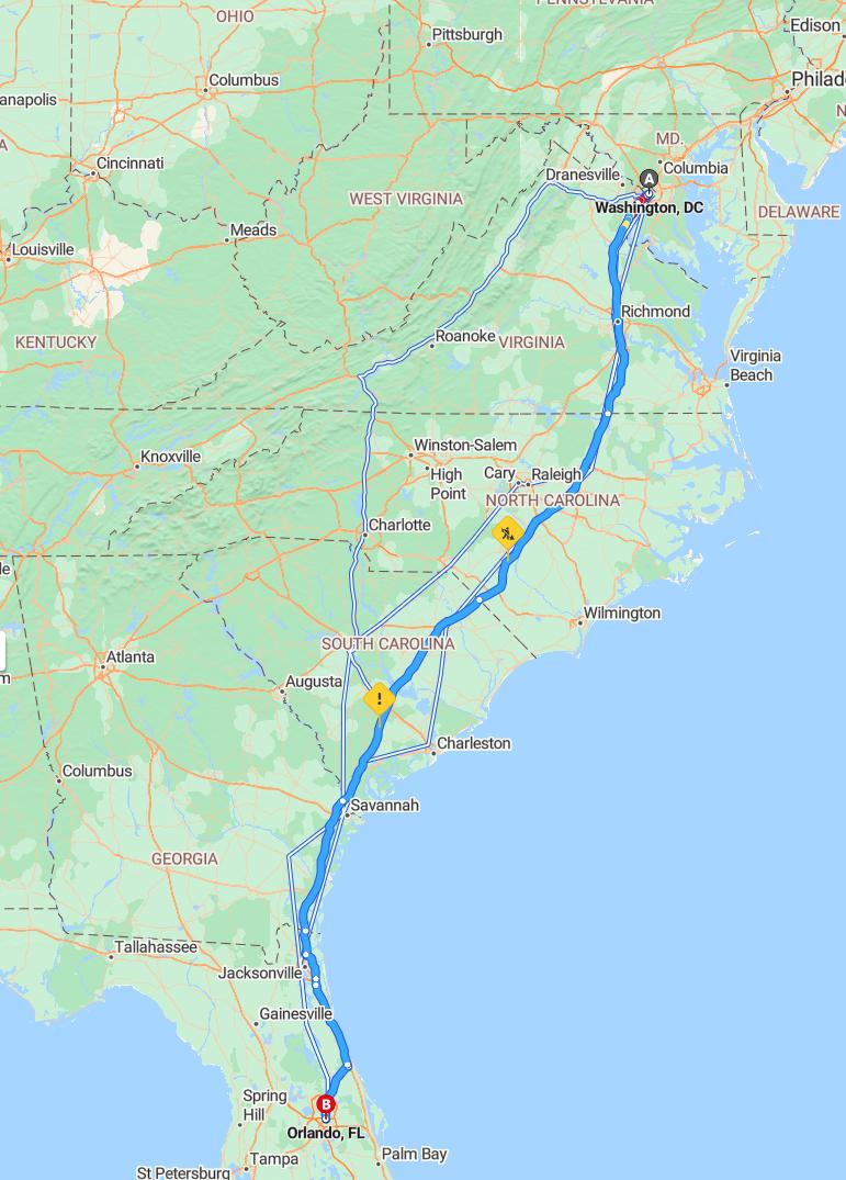 driving from Washington, District of Columbia to OrlandoFlorida - map and route