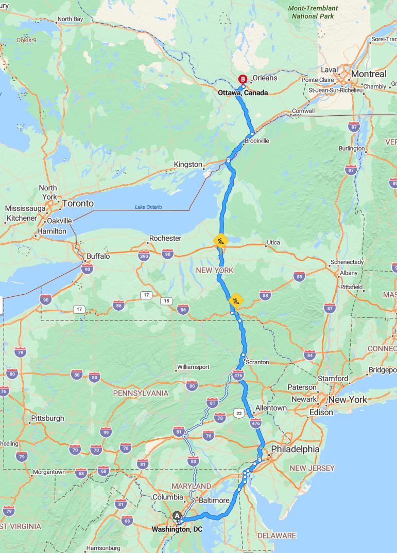 driving from Washington, District of Columbia to OttawaOntario - map and route
