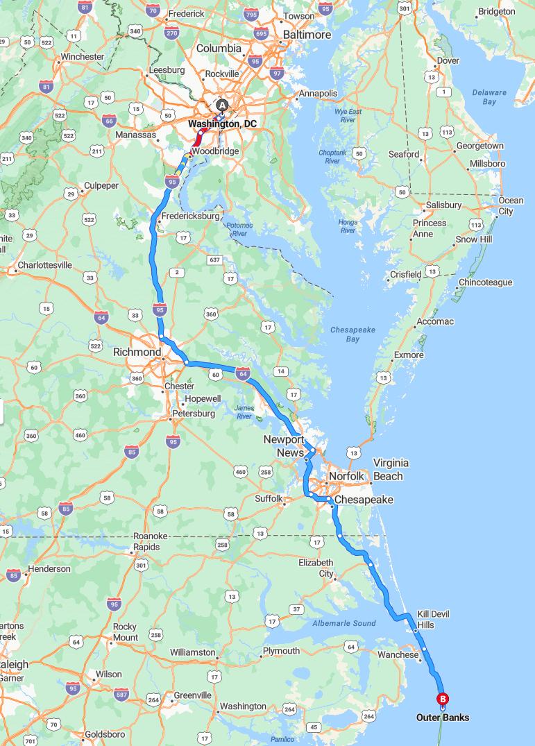 driving from Washington, District of Columbia to Outer BanksNorth Carolina - map and route