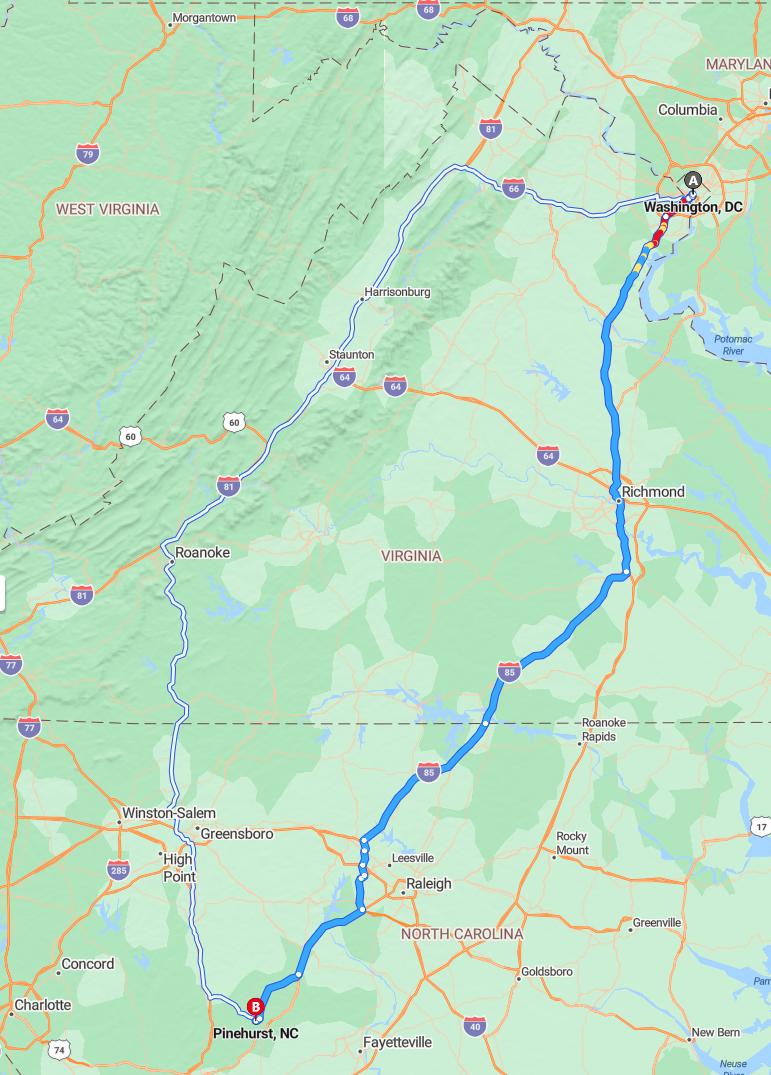 driving from Washington, District of Columbia to PinehurstNorth Carolina - map and route