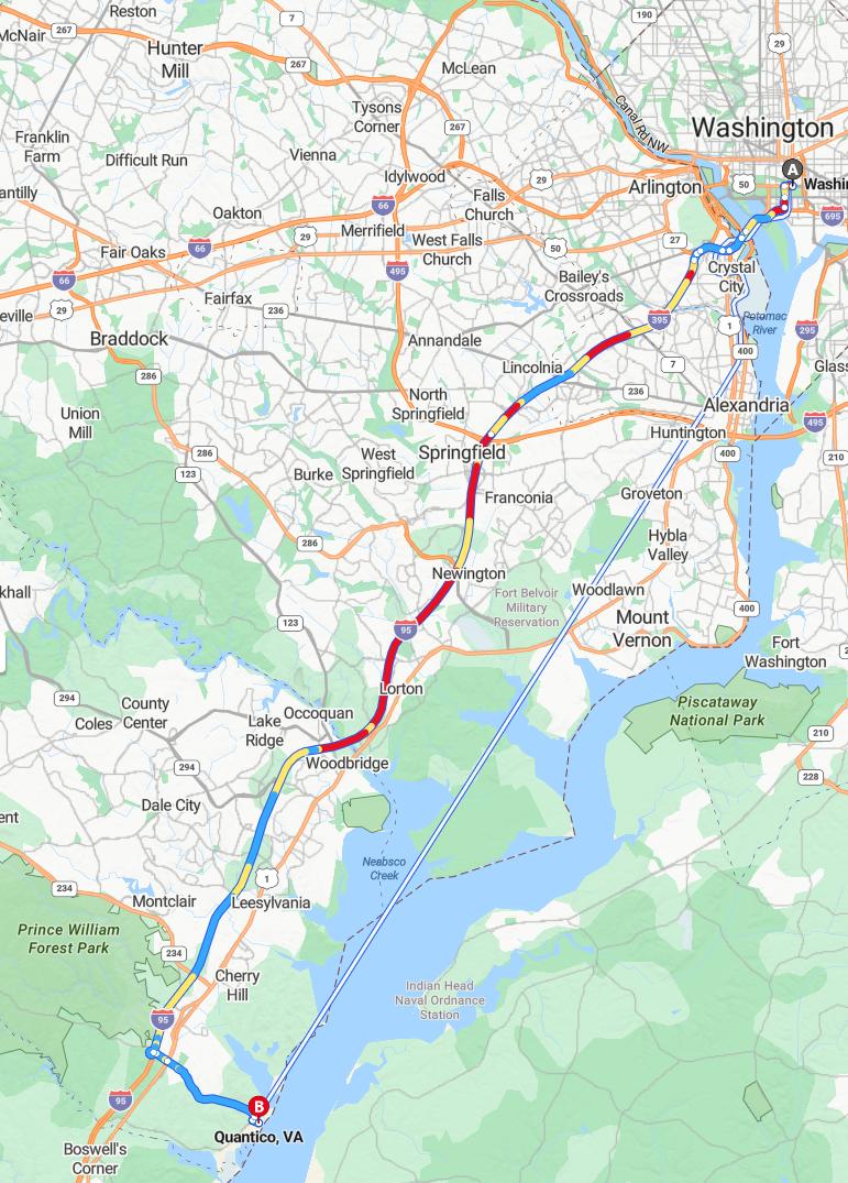 driving from Washington, District of Columbia to QuanticoVirginia - map and route