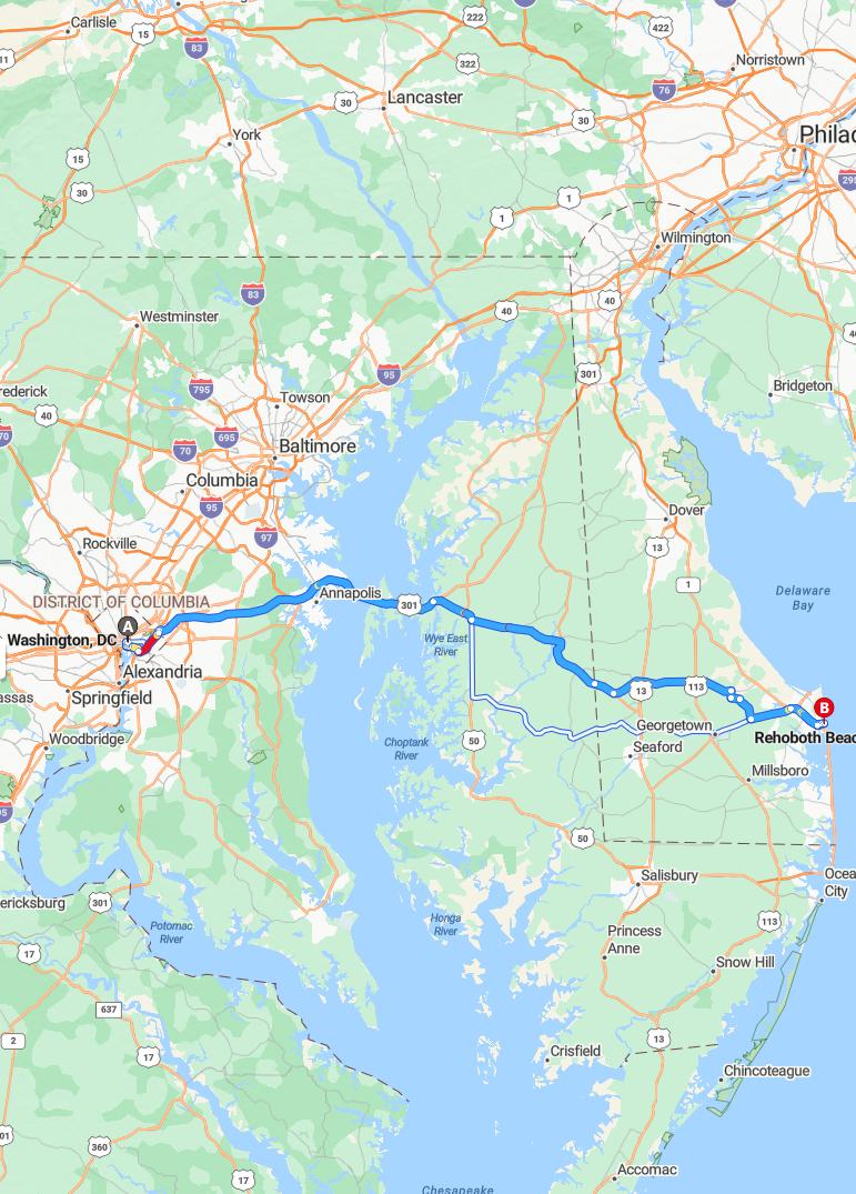 driving from Washington, District of Columbia to Rehoboth BeachDelaware - map and route