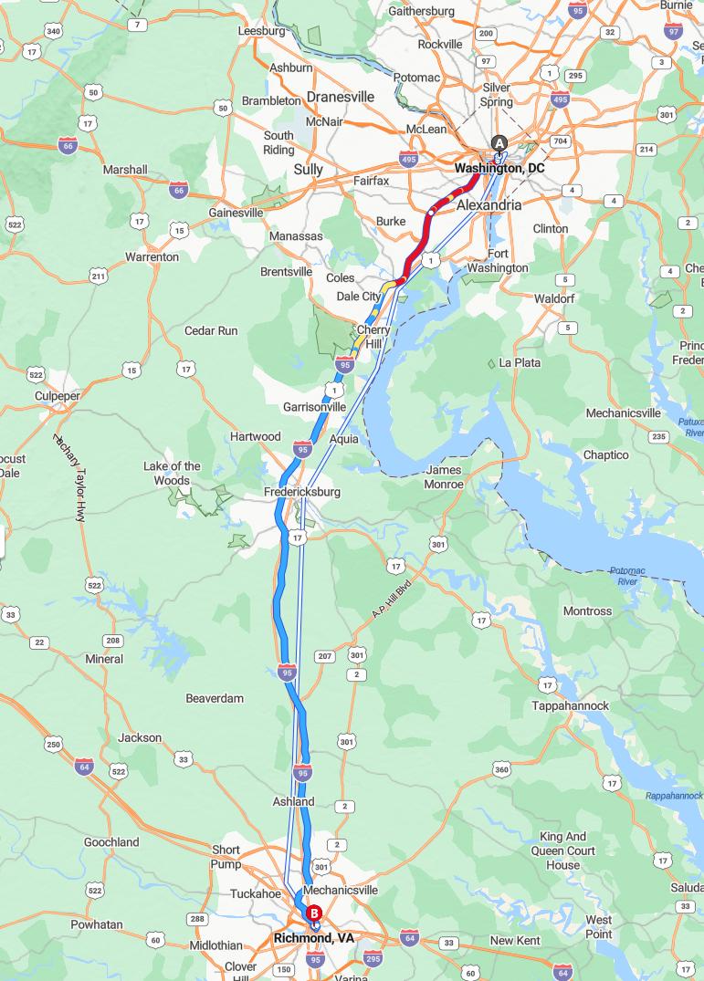 driving from Washington, District of Columbia to RichmondVirginia - map and route