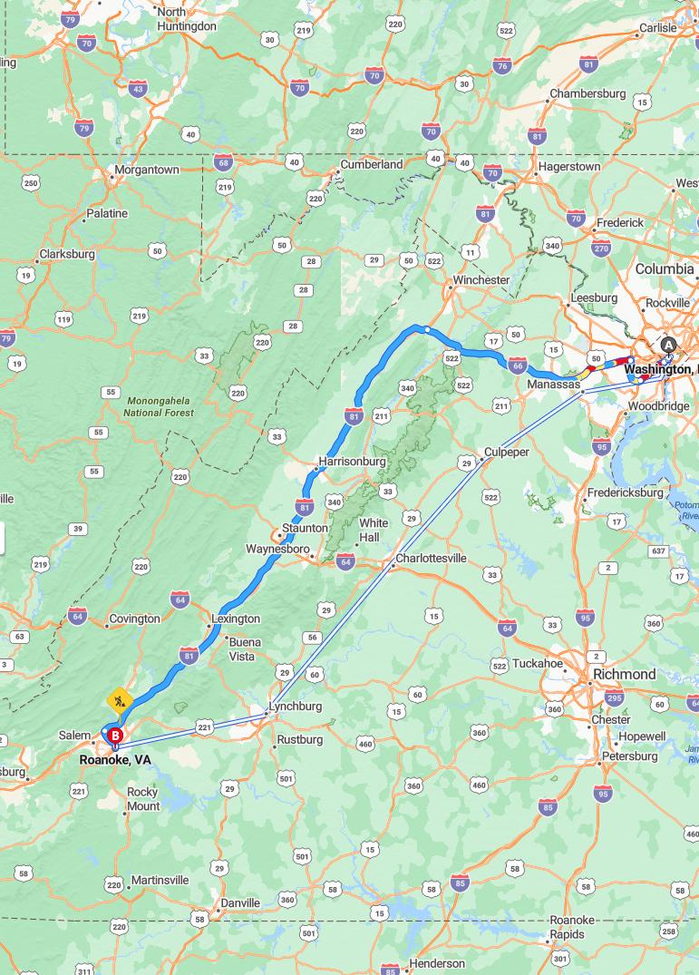 driving from Washington, District of Columbia to RoanokeVirginia - map and route
