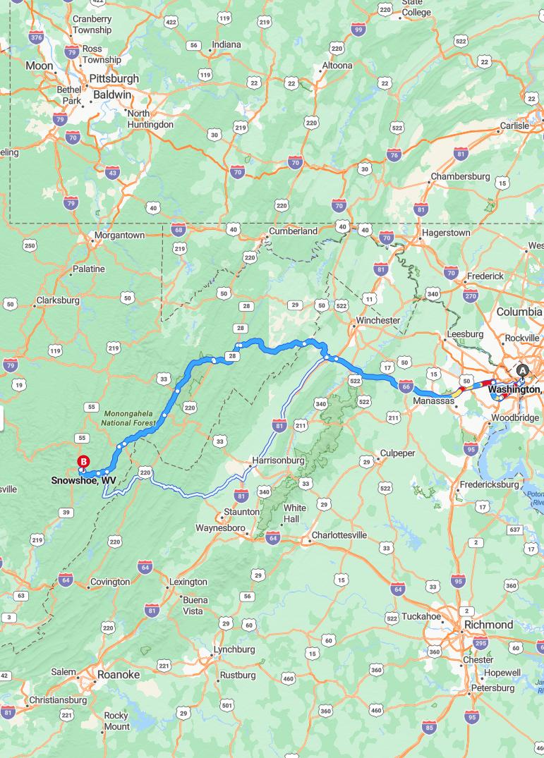 driving from Washington, District of Columbia to SnowshoeWest Virginia - map and route