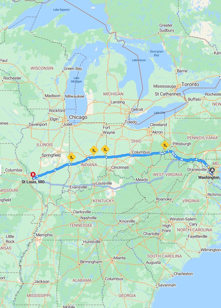 driving from Washington, District of Columbia to St. LouisMissouri - map and route