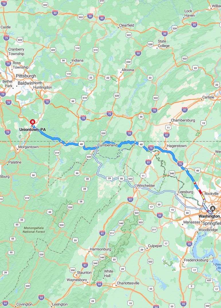 driving from Washington, District of Columbia to UniontownPennsylvania - map and route