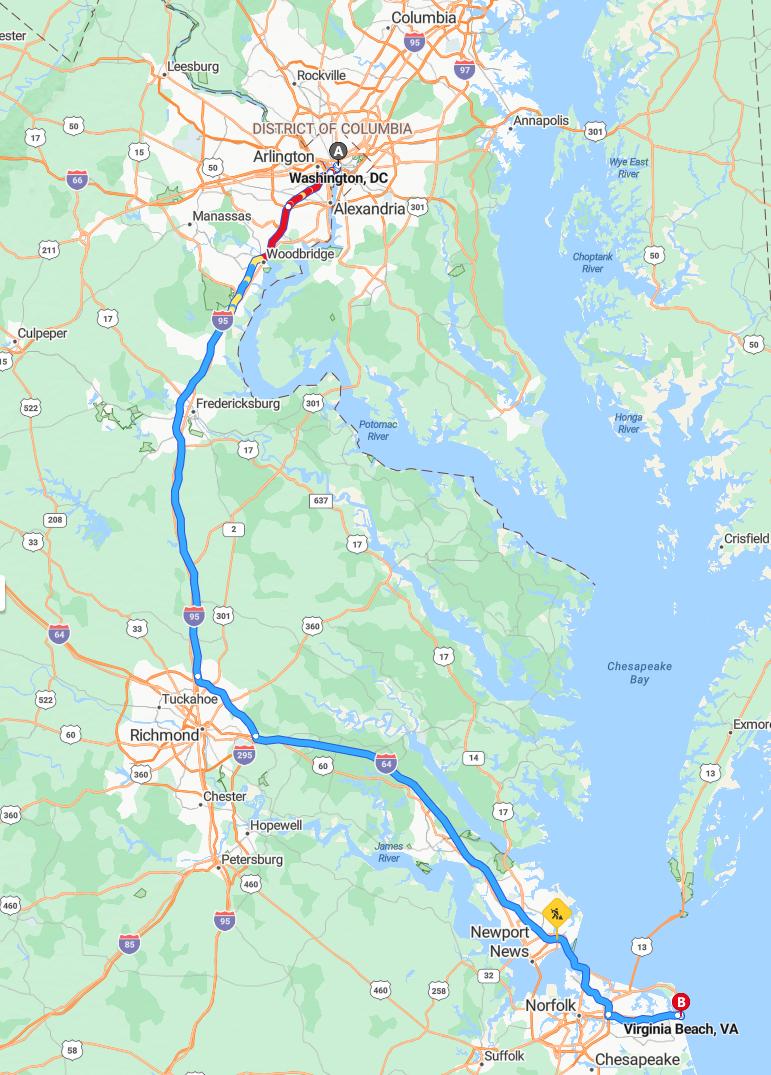 driving from Washington, District of Columbia to Virginia BeachVirginia - map and route