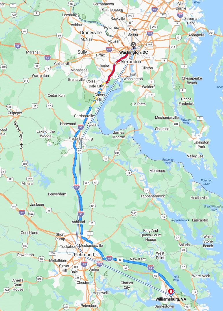 driving from Washington, District of Columbia to WilliamsburgVirginia - map and route
