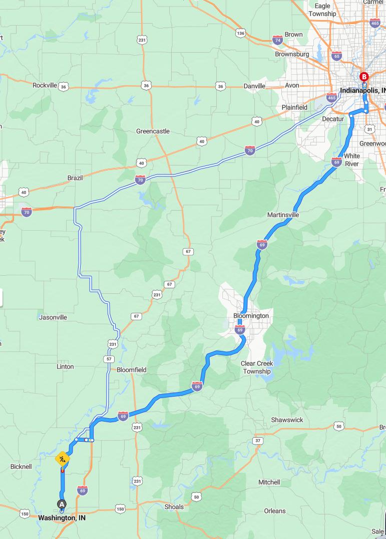 driving from Washington, Indiana to IndianapolisIndiana - map and route