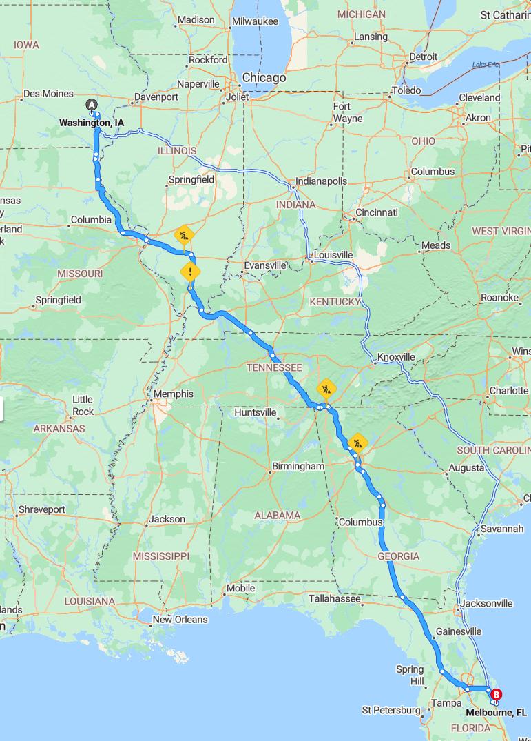 driving from Washington, Iowa to MelbourneFlorida - map and route