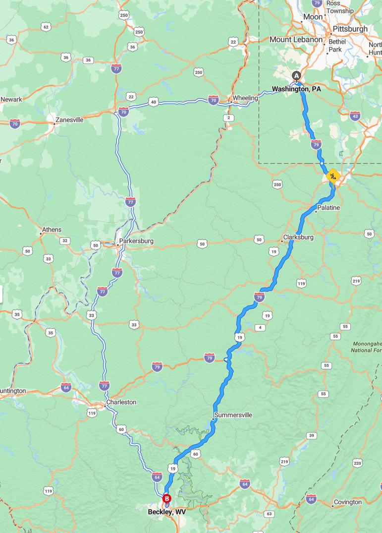 driving from Washington, Pennsylvania to BeckleyWest Virginia - map and route