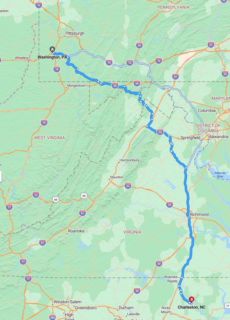 driving from Washington, Pennsylvania to CharlestonNorth Carolina - map and route