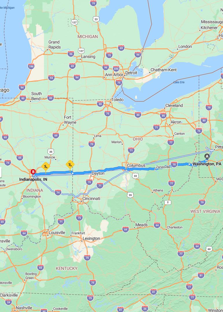 driving from Washington, Pennsylvania to IndianapolisIndiana - map and route