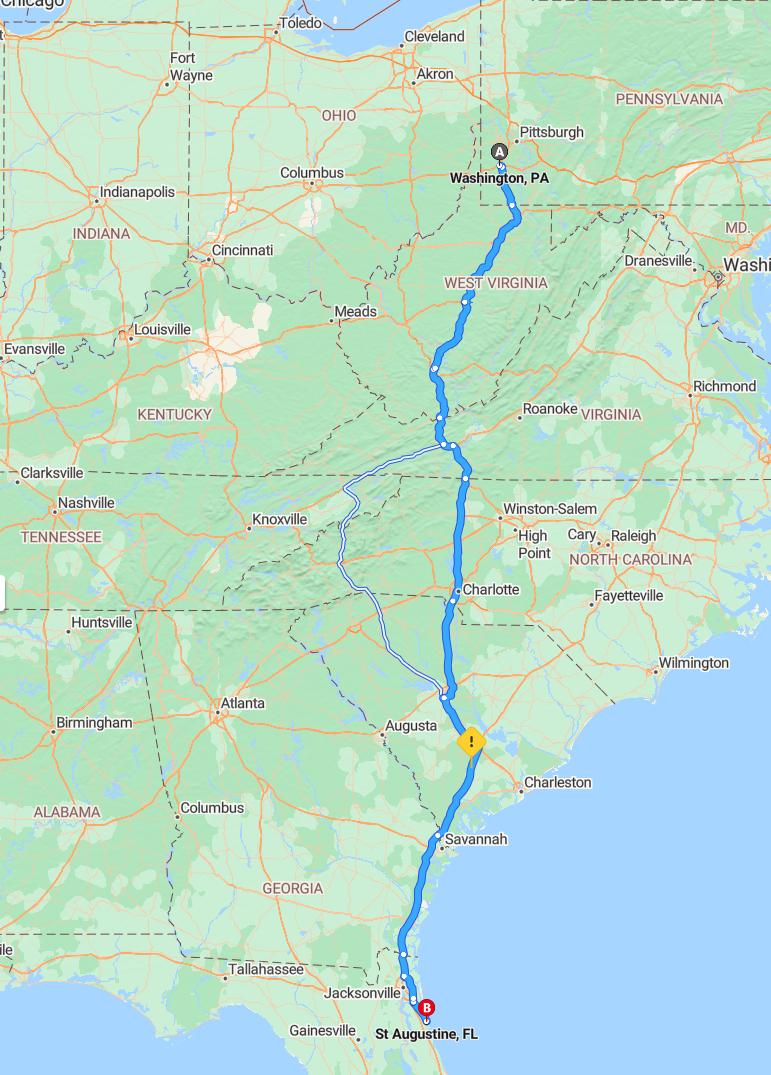 driving from Washington, Pennsylvania to St. AugustineFlorida - map and route