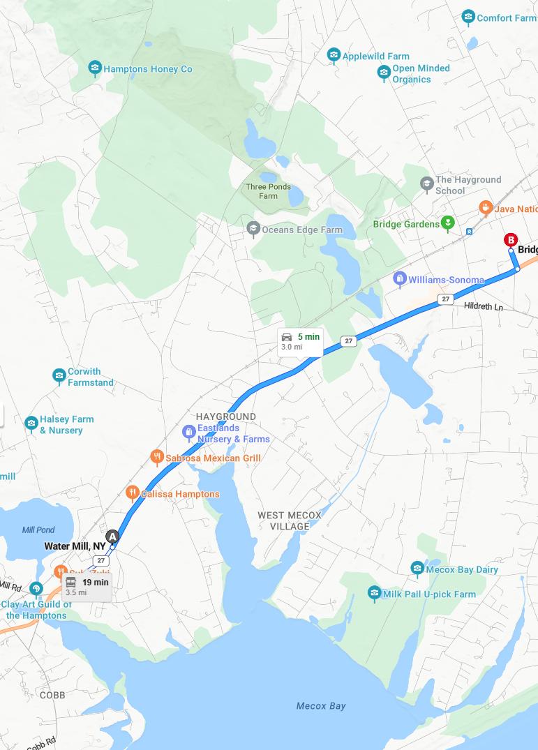 driving from Watermill, New York to BridgehamptonNew York - map and route