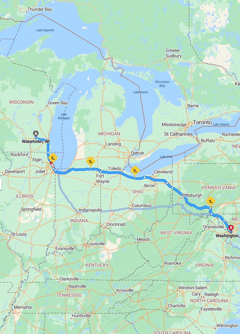 driving from Watertown, Wisconsin to WashingtonDistrict of Columbia - map and route