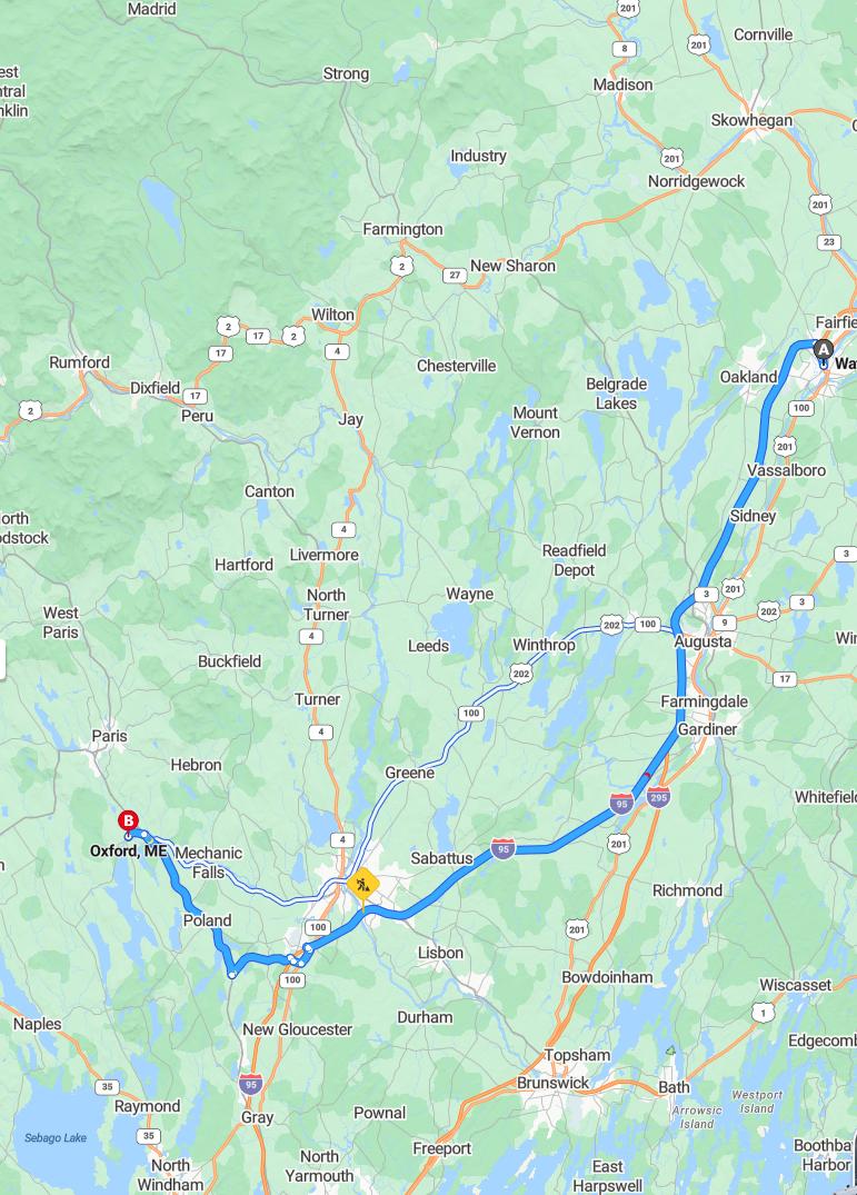 driving from Waterville, Maine to OxfordMaine - map and route