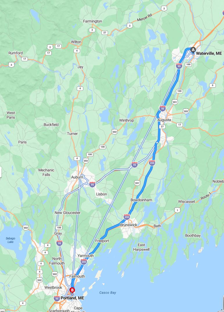 driving from Waterville, Maine to PortlandMaine - map and route