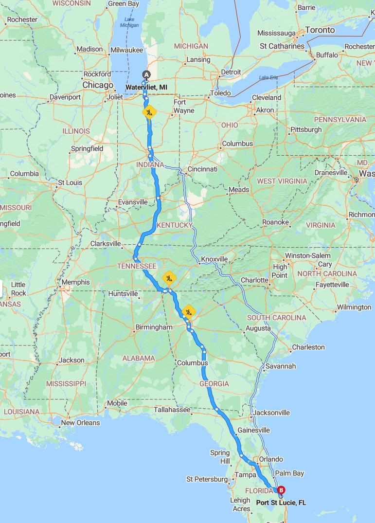 driving from Watervliet, Michigan to Port St. LucieFlorida - map and route