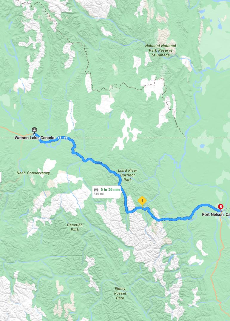 driving from Watson Lake, Yukon to Fort NelsonBritish Columbia - map and route