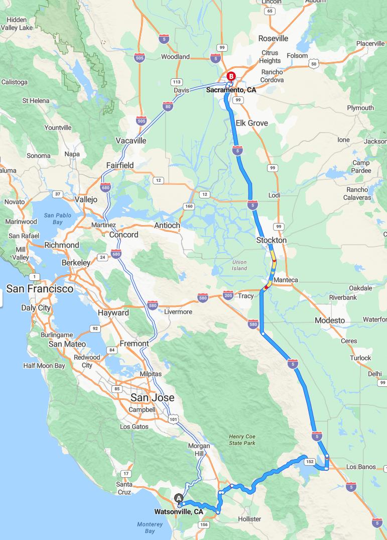 driving from Watsonville, California to SacramentoCalifornia - map and route