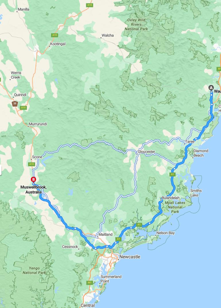 driving from Wauchope, New South Wales to MuswellbrookNew South Wales - map and route