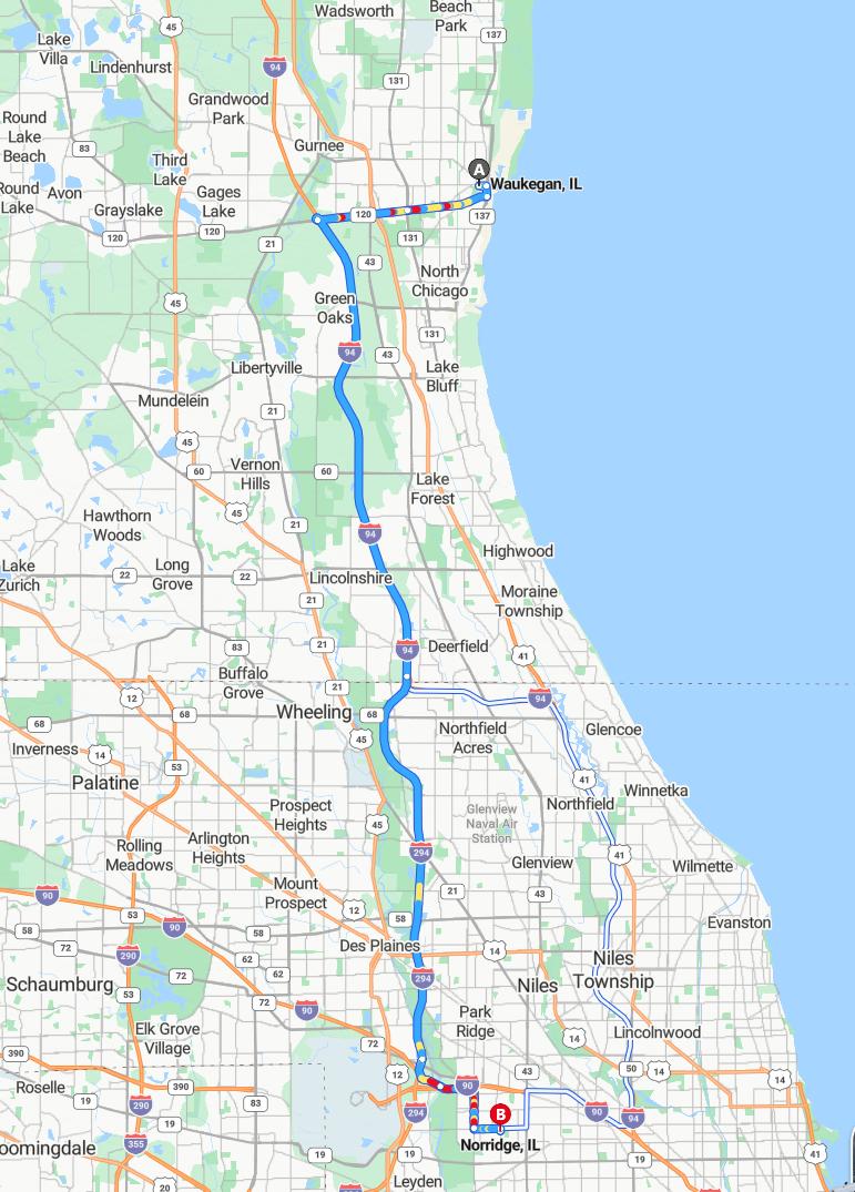 driving from Waukegan, Illinois to NorridgeIllinois - map and route