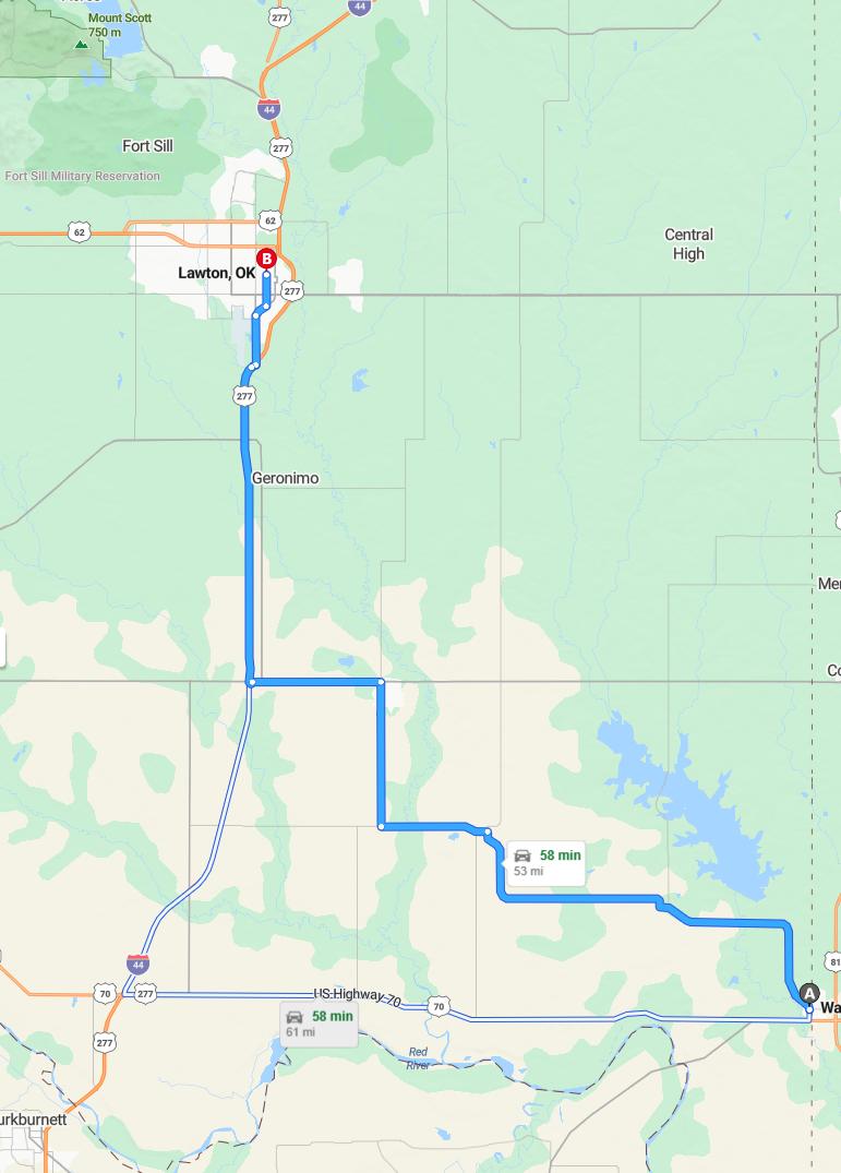 driving from Waurika, Oklahoma to LawtonOklahoma - map and route