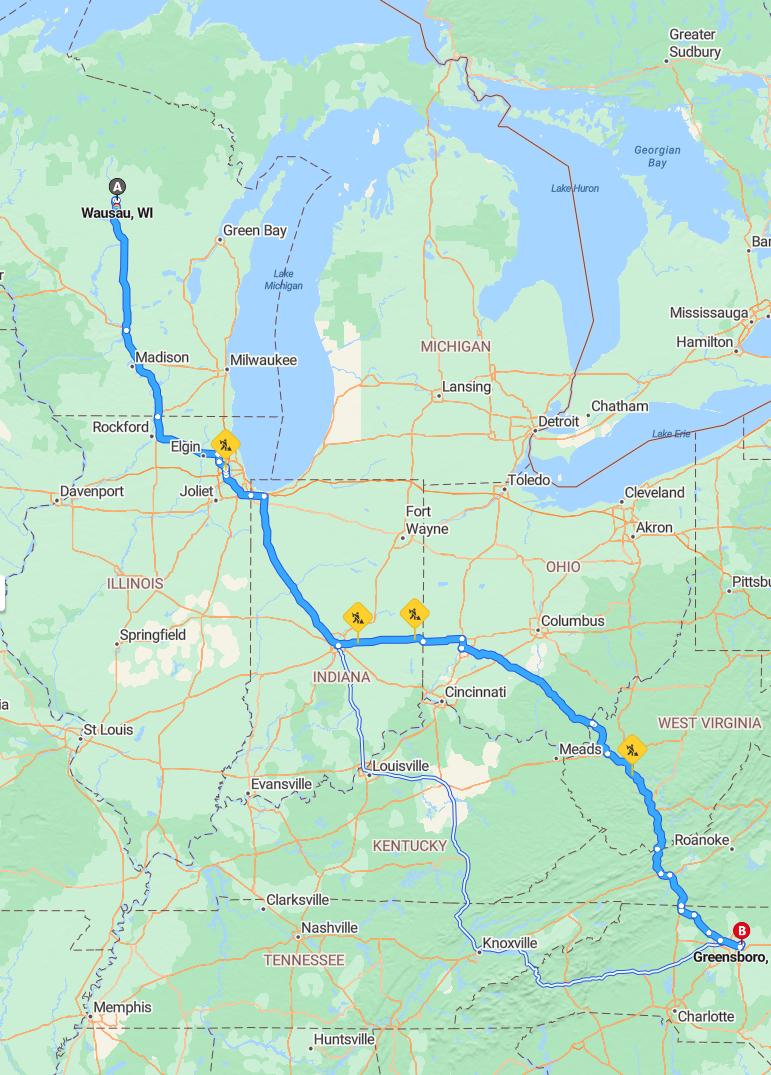 driving from Wausau, Wisconsin to GreensboroNorth Carolina - map and route