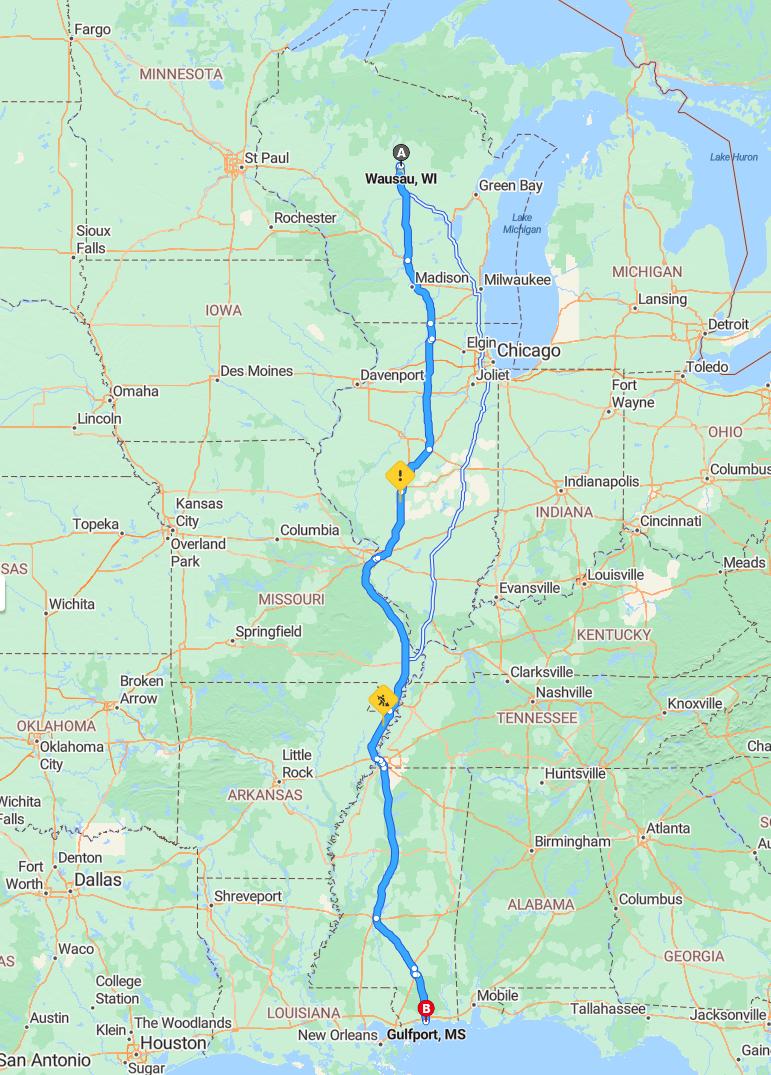 driving from Wausau, Wisconsin to GulfportMississippi - map and route