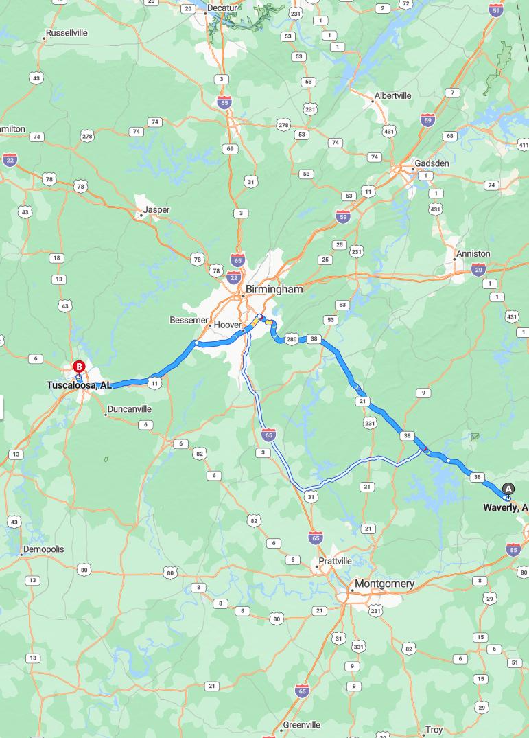 driving from Waverly, Alabama to TuscaloosaAlabama - map and route