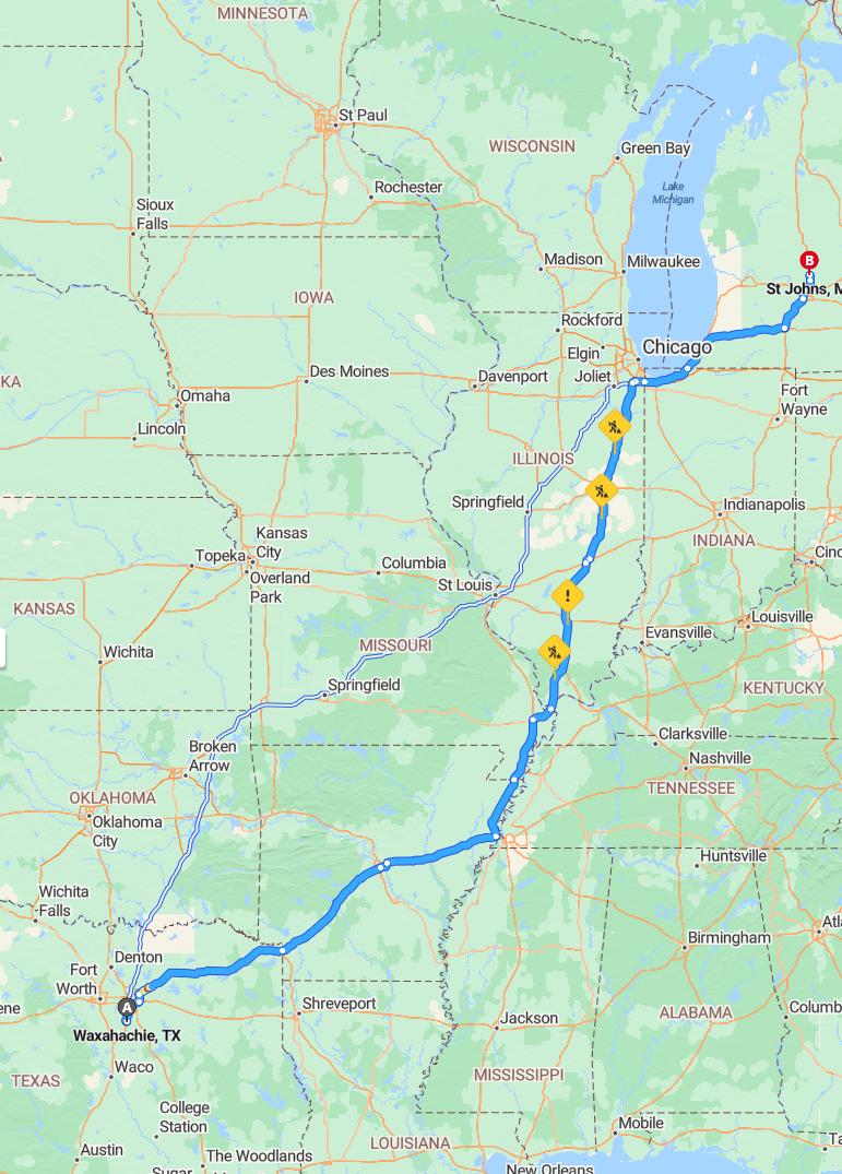 driving from Waxahachie, Texas to Saint JohnsMichigan - map and route