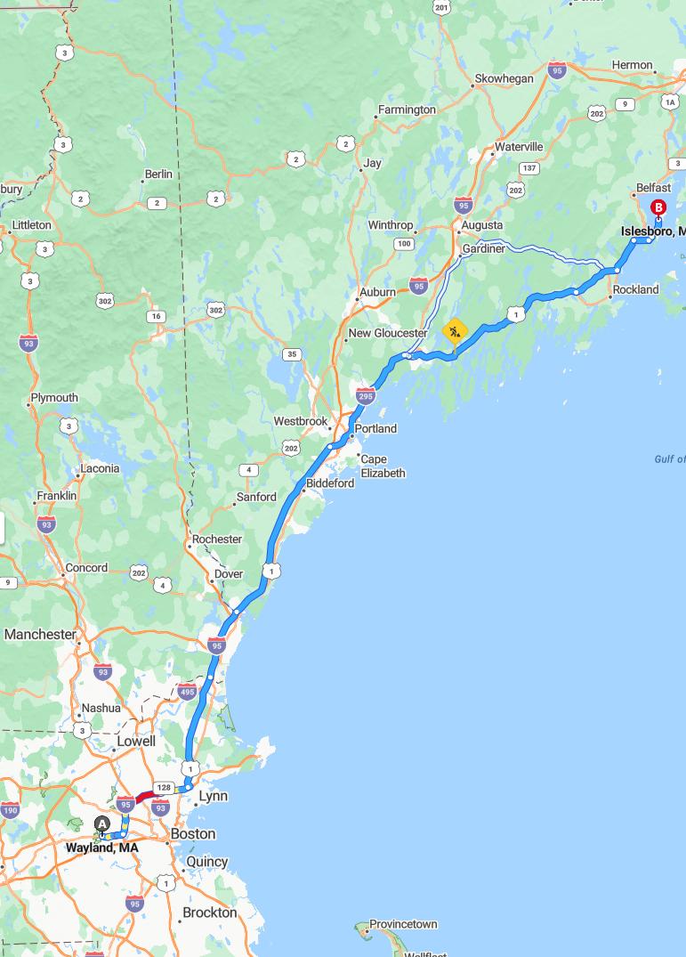 driving from Wayland, Massachusetts to IslesboroMaine - map and route