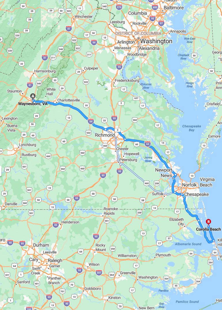 driving from Waynesboro, Virginia to Corolla BeachNorth Carolina - map and route