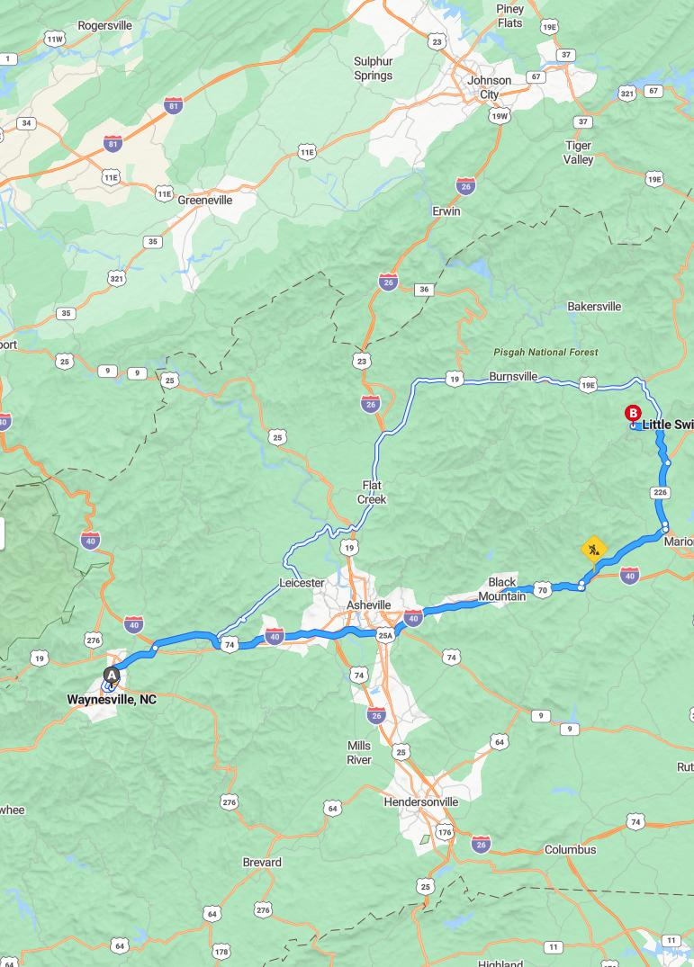 driving from Waynesville, North Carolina to Little SwitzerlandNorth Carolina - map and route