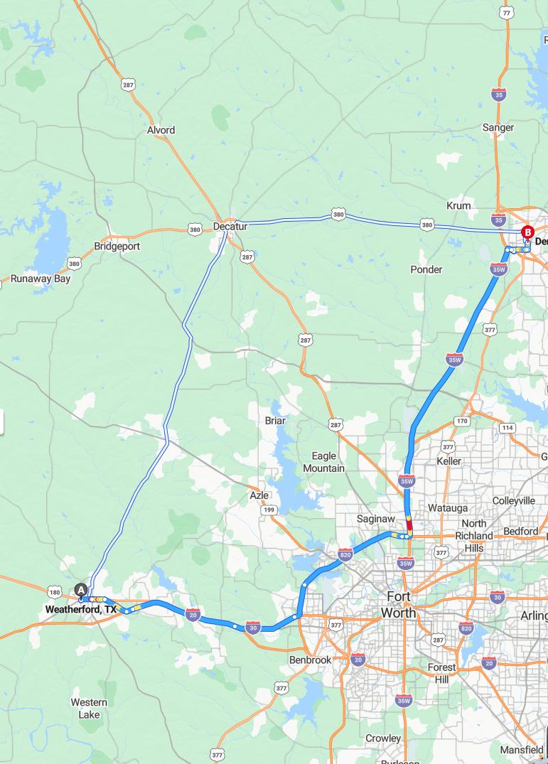 driving from Weatherford, Texas to DentonTexas - map and route