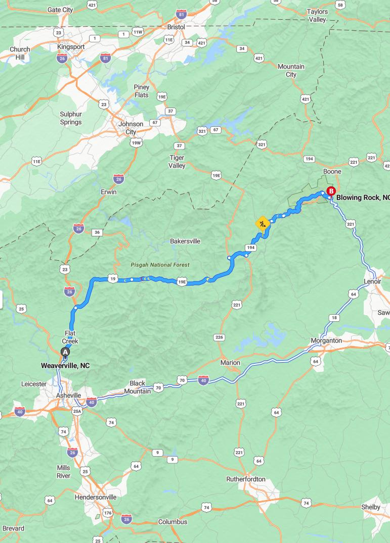 driving from Weaverville, North Carolina to Blowing RockNorth Carolina - map and route