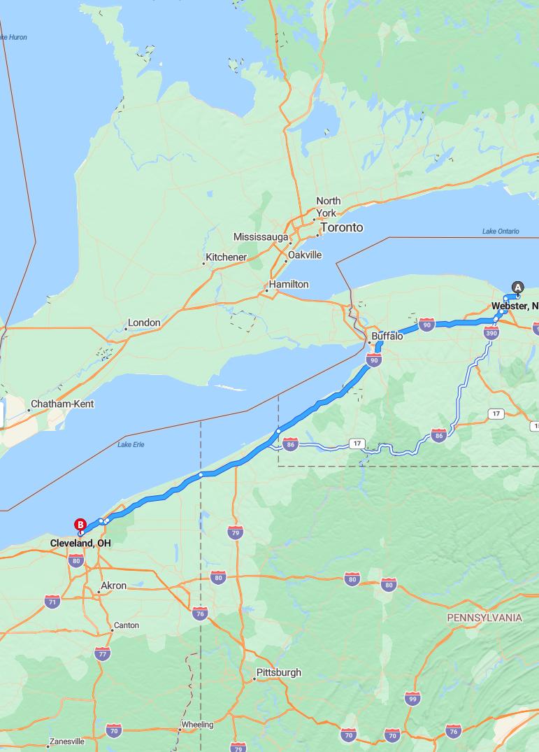 driving from Webster, New York to ClevelandOhio - map and route