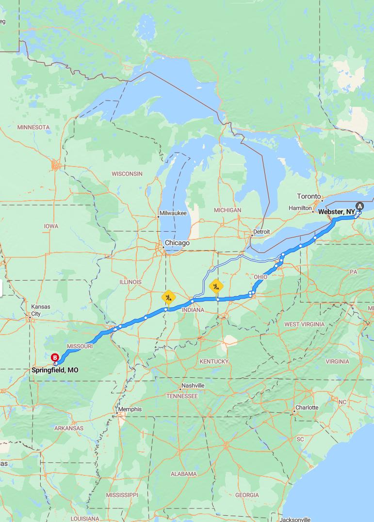 driving from Webster, New York to SpringfieldMissouri - map and route