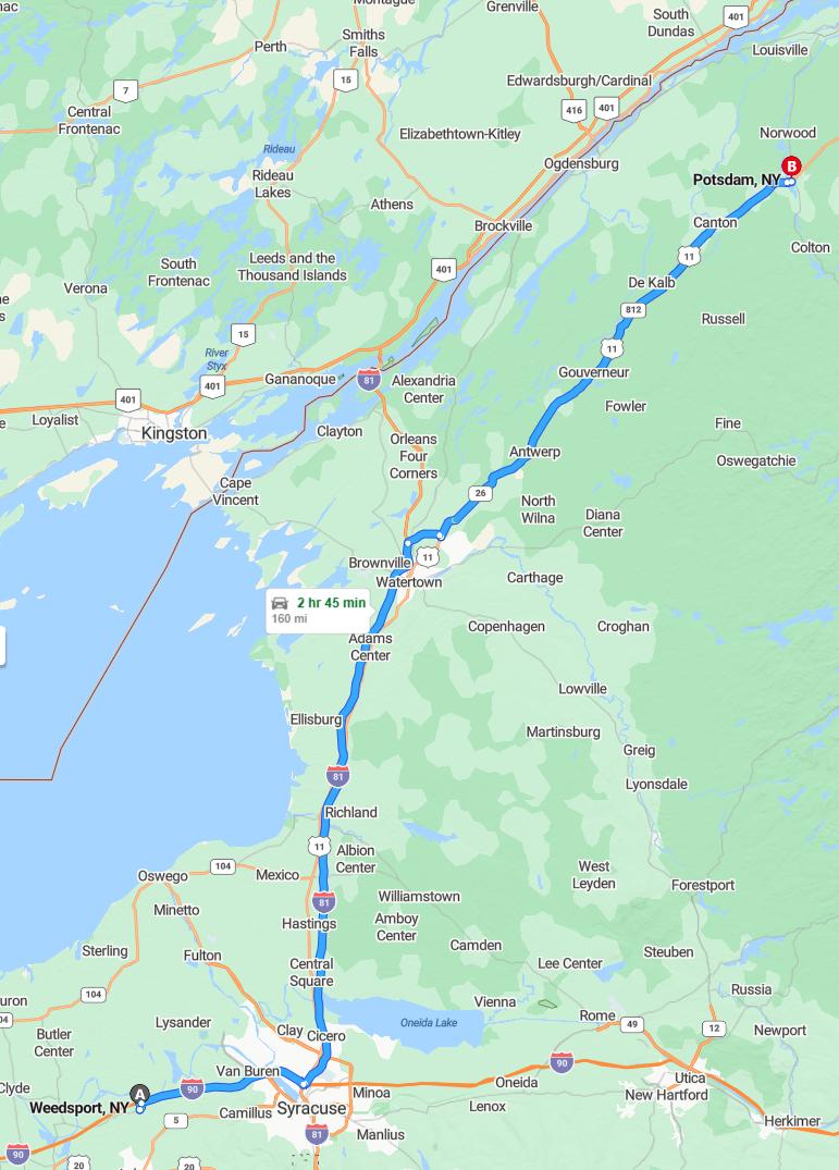 driving from Weedsport, New York to PotsdamNew York - map and route