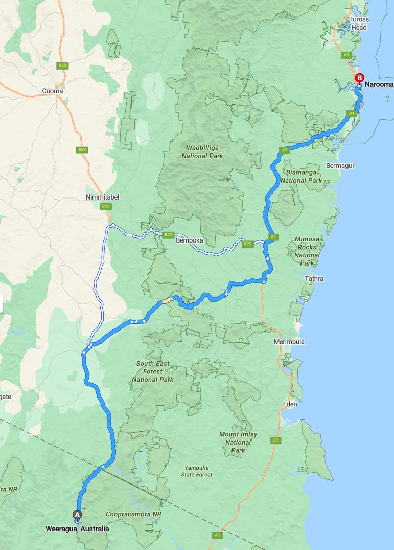 driving from Weeragua, Victoria to NaroomaNew South Wales - map and route