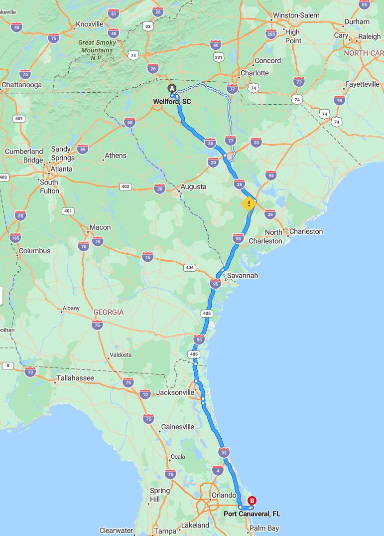 driving from Wellford, South Carolina to Port CanaveralFlorida - map and route