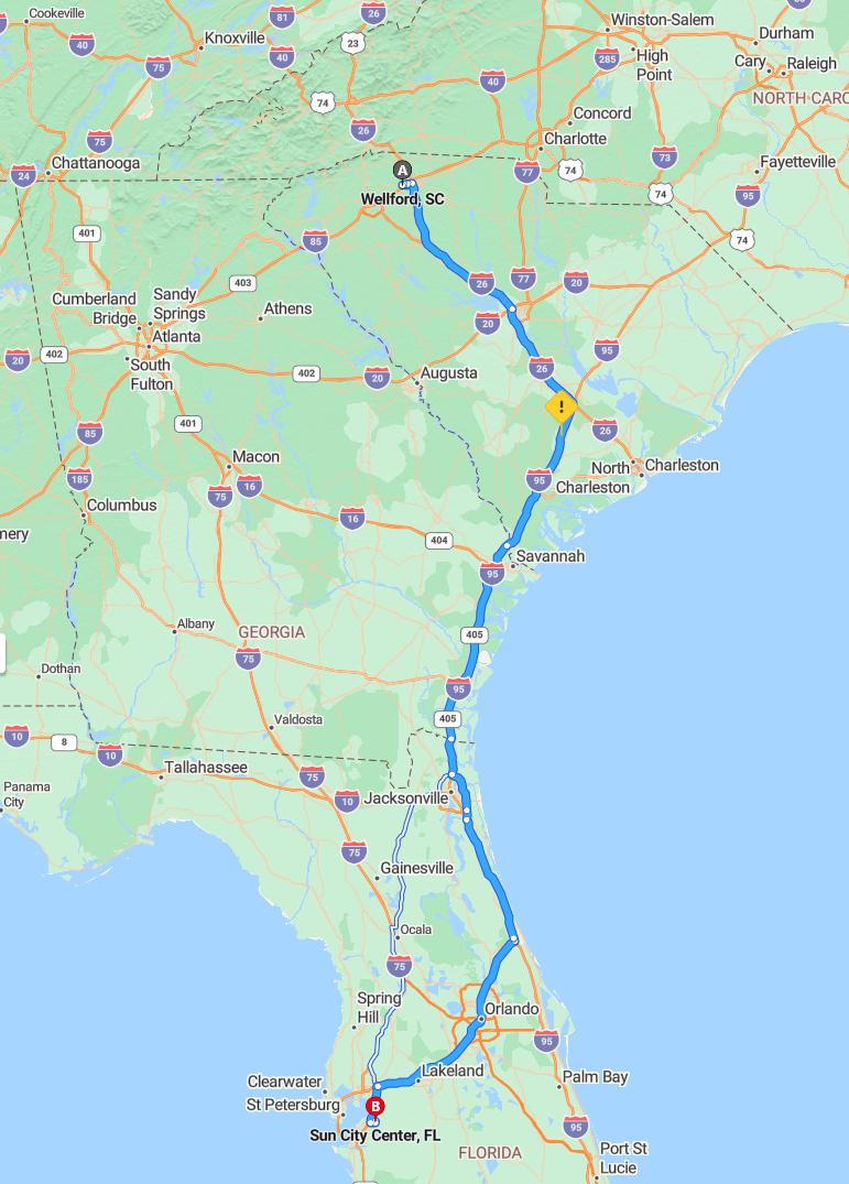 driving from Wellford, South Carolina to Sun City CenterFlorida - map and route