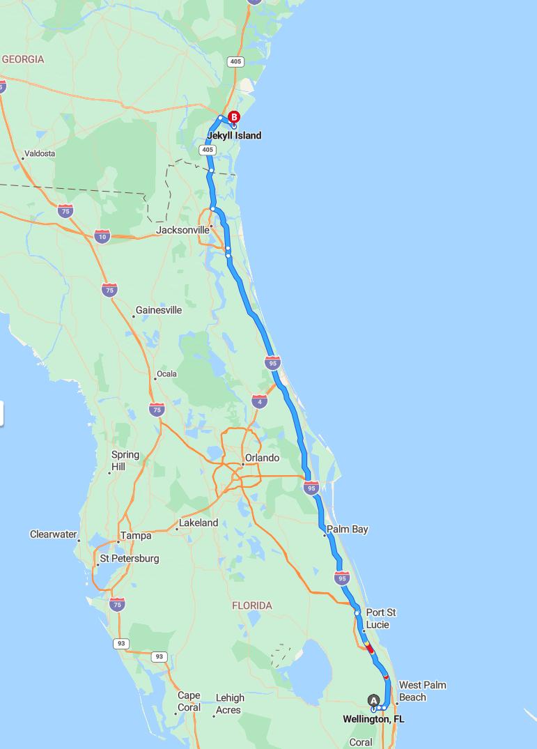 driving from Wellington, Florida to Jekyll IslandGeorgia - map and route