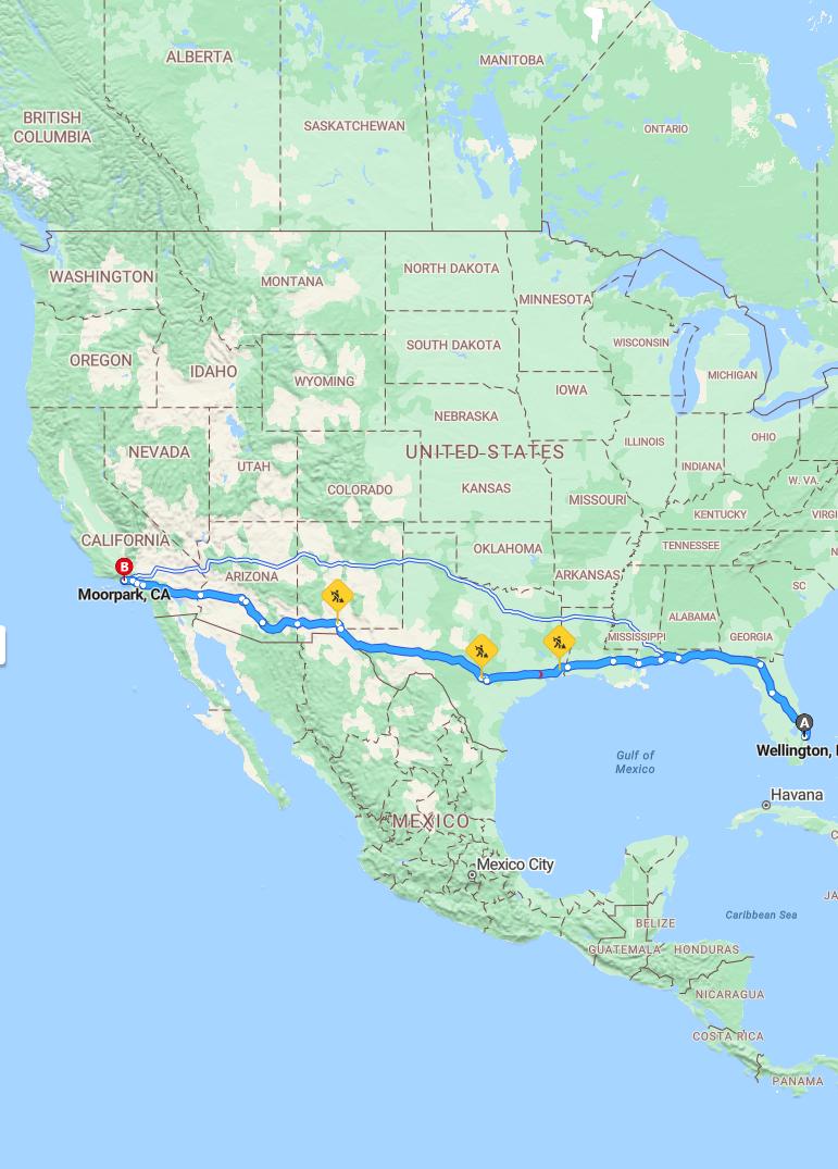 driving from Wellington, Florida to MoorparkCalifornia - map and route