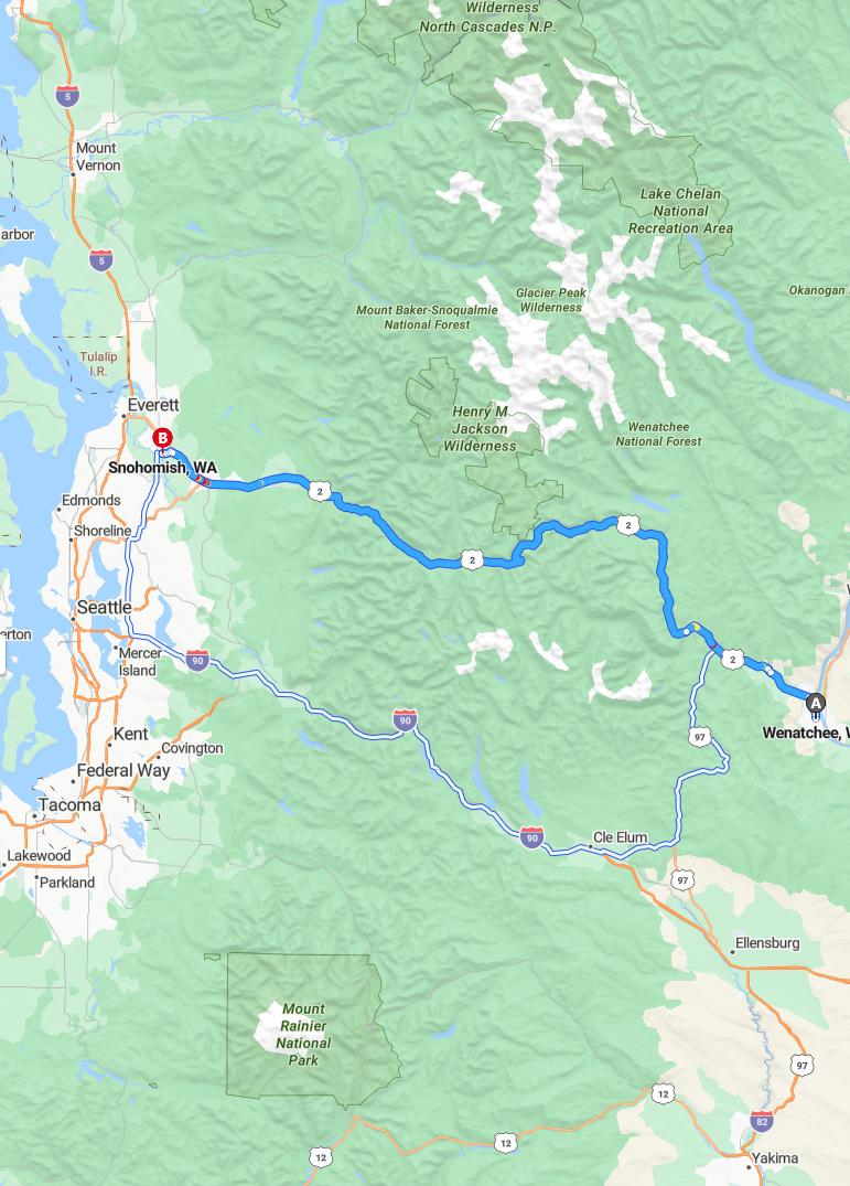 driving from Wenatchee, Washington to SnohomishWashington - map and route
